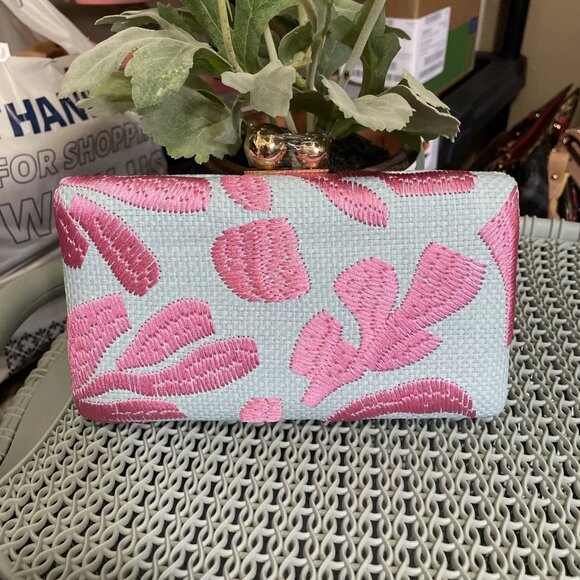 Embroidered Tropical Leaves Clutch, Pink - NWT - Picture 3 of 5